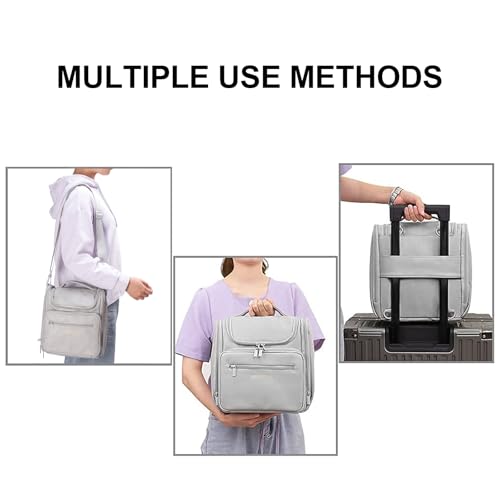 BOOMRICH Large Toiletry Bag for Women, Hanging Leather Travel Makeup Bag with 360¡Æ Hook and Shoulder Strap, Travel Organizer for Full Sized Container, Toiletries, Brushes (Grey)