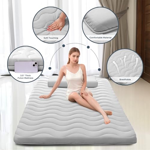 Grey Full Japanese Floor Futon Mattress 3.5'' Thick Foldable Tatami Bed & Sleeping Pad