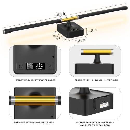 Black Gold Battery Operated Wall Sconces Set of 2 - 28.8 Inch, Detachable Battery, 3CCT Dimming