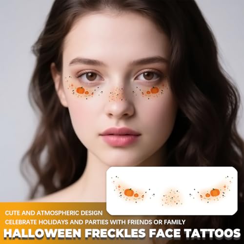 Halloween Face Temporary Tattoos, 14PCS Pumpkin Spider Bat Witch Freckles Tattoo Stickers, Halloween Face Makeup Tattoos for Kids and Women (6x3inch)