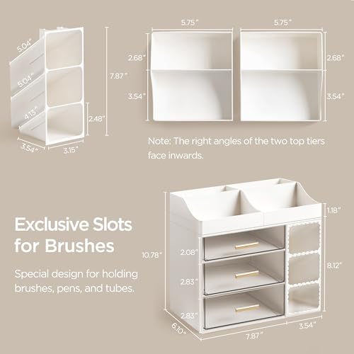 White Makeup Organizer with Drawers and Brush Holder - Large Vanity Storage