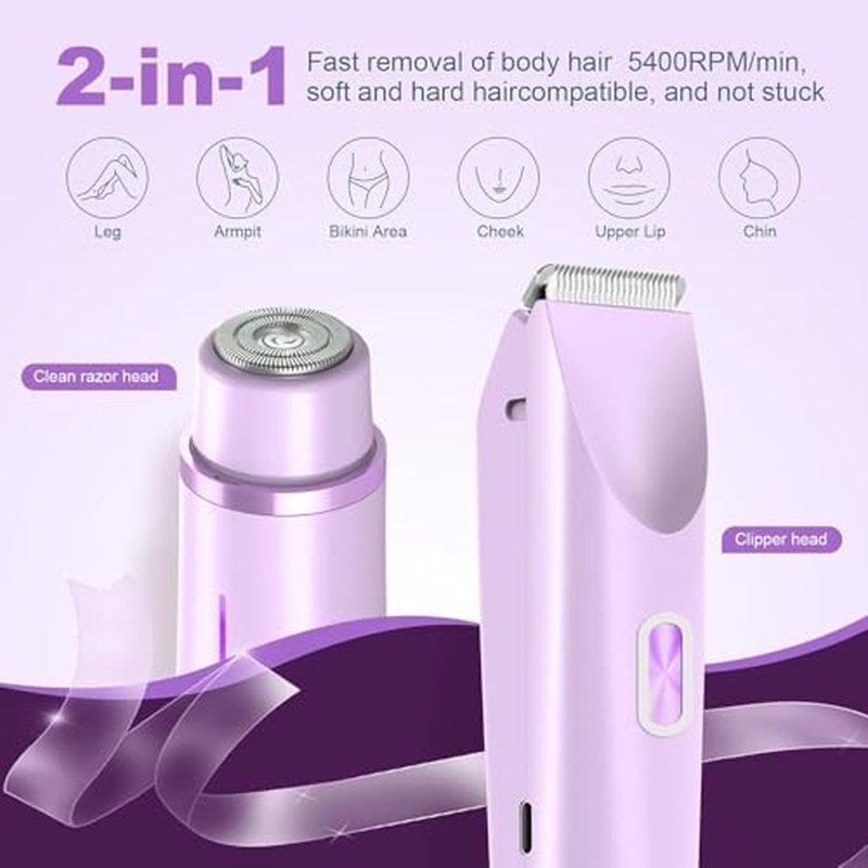 Bikini Trimmer for Women Dual Head,Painless Electric Razors,Bikini Shaver for Pubic Hair, Face, Legs(Grape Purple)