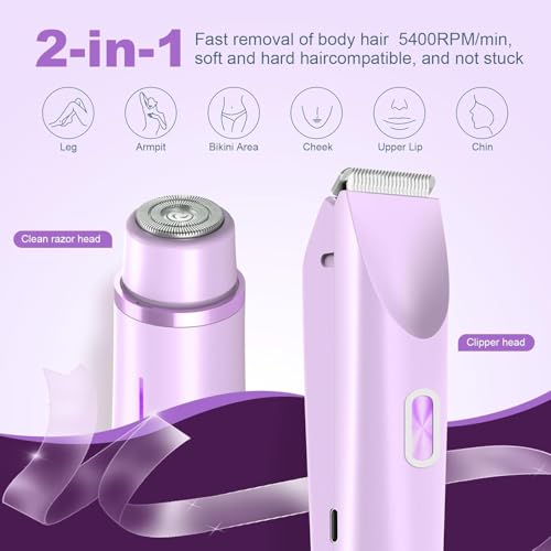 Bikini Trimmer for Women Dual Head,Painless Electric Razors,Bikini Shaver for Pubic Hair, Face, Legs(Lavender Purple)