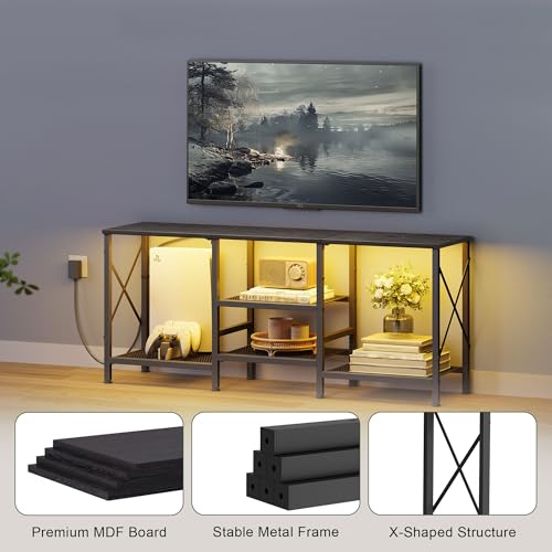 JARHETUN TV Stand for 55 Inch TVs with LED Lights, Black Entertainment Center with 3 Open Shelves and Remote Control