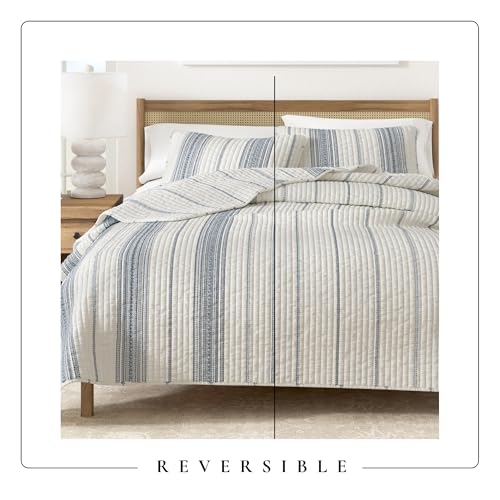 King / California King Striped Quilt Set - Cream & Navy Farmhouse Bedding, 3-Piece