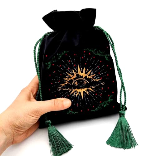 Black Velvet Pouch for Tarot Decks, Oracle Cards and Crystals, Embroidered Mystical Makeup Bag, Soft Velvet Cosmetic Pouch, Travel Organizer Storage Bag with Tassel