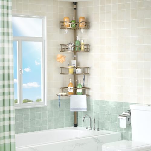 HAMITOR Tan Khaki Corner Tension Shower Caddy No-Drill Bathroom Shelf