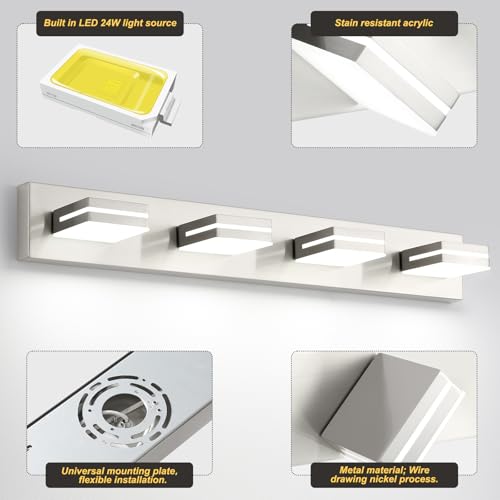 OKELI 30-Inch Brushed Nickel 4-Light Dimmable LED Vanity Light Over Mirror with Adjustable Heads
