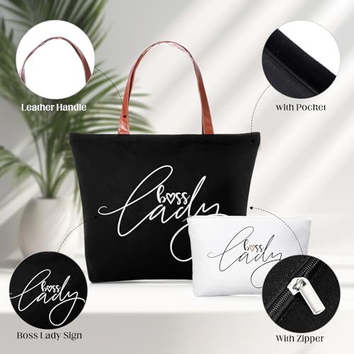 Sieral 2 Pcs Boss Lady Gift Bosses Day Lady Tote Bag with Zipper Makeup Bag Appreciation Gifts for Women Female Leader Coworker Colleague Birthday