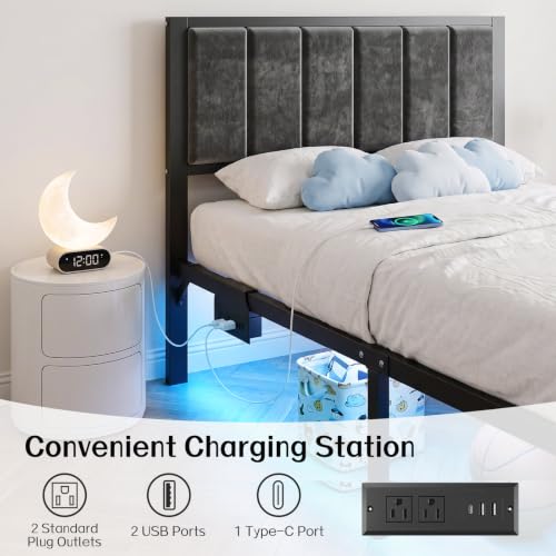 Dark Grey Twin Size Bed Frame with LED Lights, Charging Station & Storage Drawer