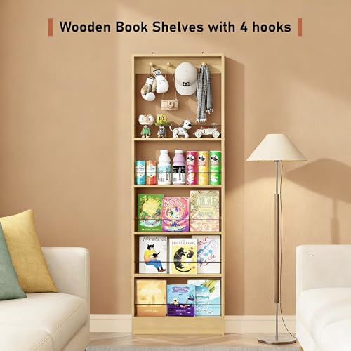 Kids Wooden Behind Door Bookshelf - 5-Tier Oak Storage with Hooks 23.6''L