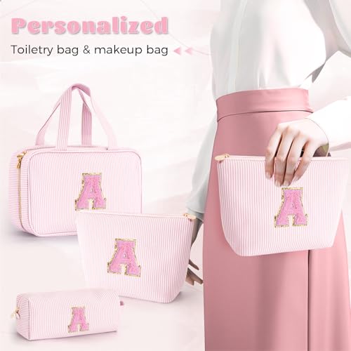 Fystdtote Personalized Initial Makeup Bag Set, Pink Travel Toiletry Bags for Teens 8-16