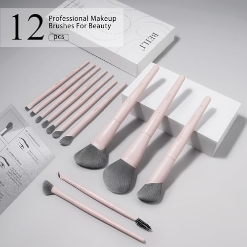 Pink Professional Makeup Brush Set - 12 Dense Synthetic Face & Eye Brushes with Elegant Storage