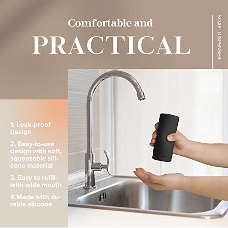 Easy Squeeze Washing Up Liquid and Hand Soap,Round refillable Silicone Bottles,Easy to Fill and to use, 8.5 oz, 2.4 x 2.4 x 5.5 inches, Dish Soap Silicone Dispenser for Kitchen Sink (Black)
