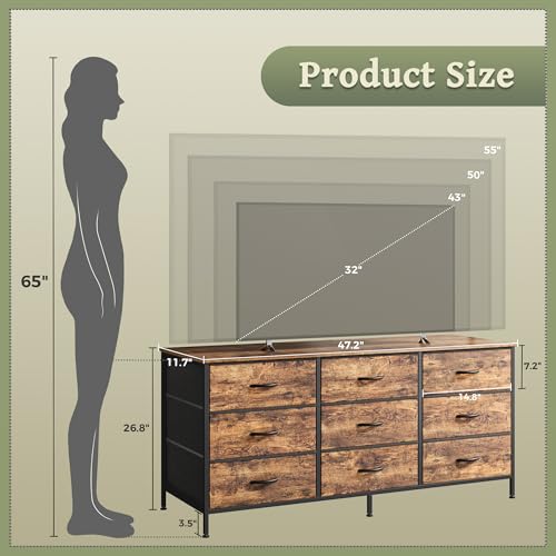 Huuger 9-Drawer Dresser with TV Stand, Rustic Brown, 47 Inch Storage Chest