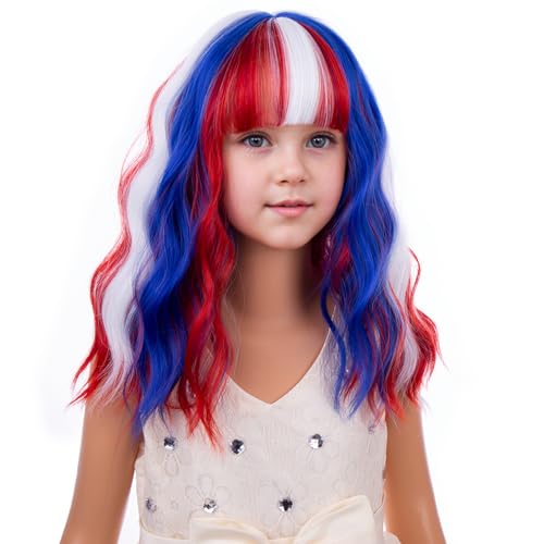 Kids Rainbow 4th of July Wigs - Blue, Red & White Short Curly Costume Wig with Bangs, Adjustable Fit