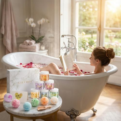Luxury Spa Gift Set with Fragrance Mix - 15 Pcs Bath Salts & Bombs, Rose Petals & Essential Oils, Women's & Men's Birthday Gifts