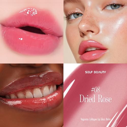 self beauty Veganize Collagen Lip Glass Balm - Hydrating Lip w/Hyaluronic Acid - Vegan Korean Lip Balm Moisturizing Lip Care ? Lip Gloss Repair for Dry Cracked Lips 0.06 oz (#8 Dried Rose)