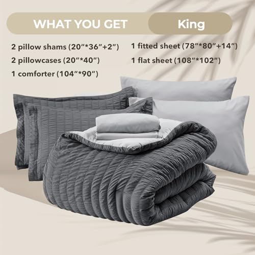 King Comforter Set - 7PCS Bed in a Bag, Dark Grey/Light Grey, King(104x90)