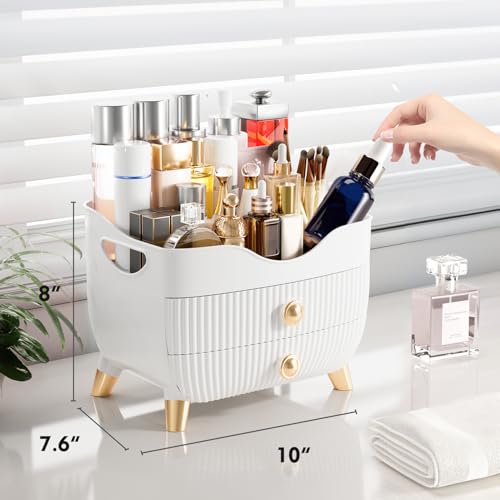 Makeup Organizer Countertop, Large Capacity Skincare Cosmetic Organizer for Vanity with 2 Drawers, Cosmetic Display Cases Makeup Storage Box for Bedroom, Bathroom, Ideal Gifts for Women(White)