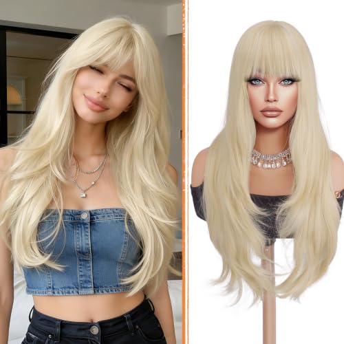 Haloo Platinum Blonde Wigs with Bangs - 26 Inch Long Wavy Synthetic Hair for Women