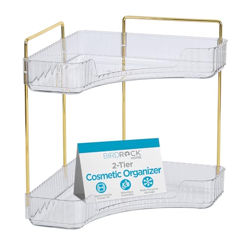 Corner Cosmetic Organizer with Clear Shelves & Gold Hardware - 2-Tier Vanity Storage