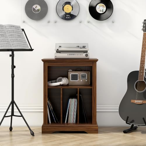 Rustic Brown Farmhouse Record Player Stand with Vinyl Storage & Cable Management