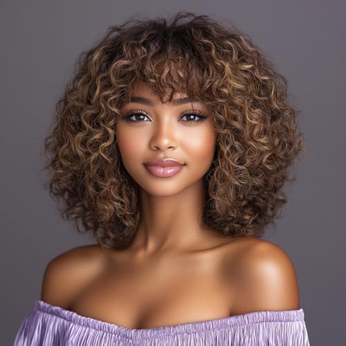 10 Inch Curly Human Hair Wig with Bangs for Black Women Brown & Gold