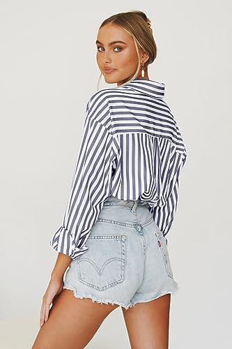 Large Navy Women's Striped Long Sleeve Button-Down Blouse Casual Top