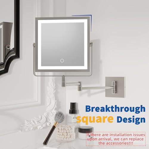 Ruacq Rechargeable Wall Mounted Makeup Mirror with Lights, Double Sided 1X/7X Magnifying Vanity Mirror with 3 Color Lights, Touch Screen Dimmable, 360¡Æ Rotation Extension Foldable (Brushed Nickel)