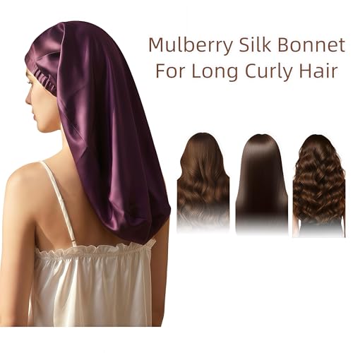 SereLune Mulberry Silk Adjustable Sleep Cap - Long Double Layer Bonnet for Hair, Blue