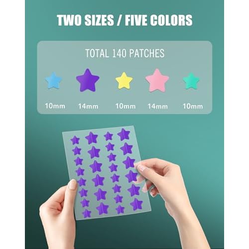 Star Acne Pimple Patch 140 Counts, Hydrocolloid Acne Patches for Face, Purple, Blue, Green, Pink and Yellow