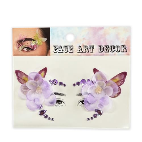 Rhinestone Eye Gems with Fabric Butterflies & Flowers, Self Adhesive Purple and Red Face Gems for Women, Elegant Eye Jewel Stickers for Halloween and Festival Wedding Party Makeup