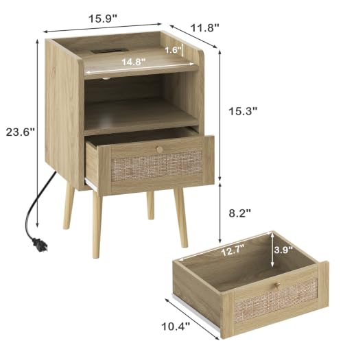 Nightstand Set of 2 with Charging Station - Rattan Side Tables, Light Oak, 15.9 x 11.8 inches, Boho Bedroom End Tables for Small Spaces