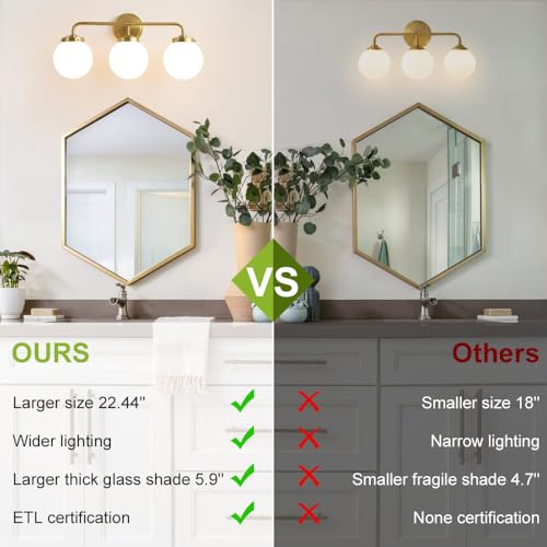 Deyidn Gold 3-Light Brushed Vanity Light Fixture 22.4in for Bathroom Mirror