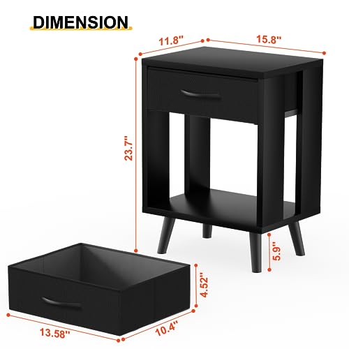 24-inch Nightstands Set of 2 with Fabric Drawers, Black - Modern Bedroom Storage