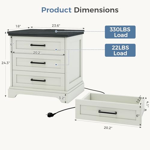 White Farmhouse 3 Drawer Nightstand with Charging Station - Wood & USB Power Hub (23.6''L x 18''W x 24.3''H)