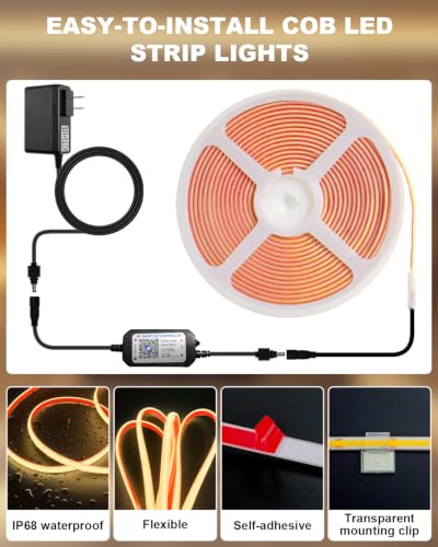 2700K 50FT Waterproof COB LED Outdoor Strip Lights - Dimmable, IP68