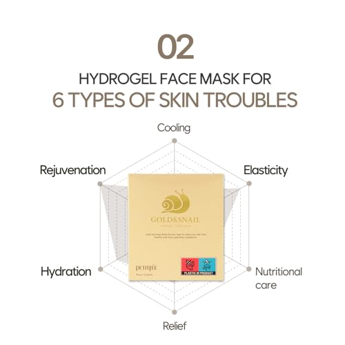 Petitfee Gold & Snail Hydogel Face Mask 5ea - 24k Gold Snail Facial Mask for Firming, Healthy Skin, Hydrating, Skin Elasticity, Snail Secretion Filtrate, Citrus Extract, Green Tea Extract