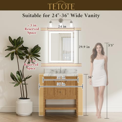 LED Bathroom Mirror 24x30 Inch with Lights, Anti-Fog, Dimmable, Tempered Glass - Variation of 30"L x 24"W