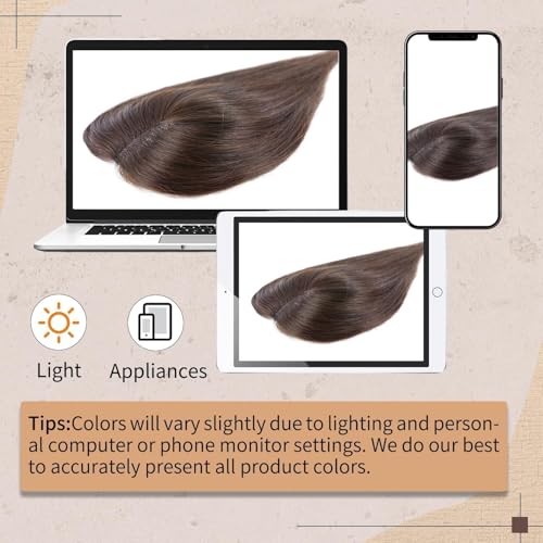 Hair Toppers for Women 14 Inch Real Human Hair Dark Brown with Reddish Undertone - 4x4.8 Inch Middle Part, Hand-Tied, Natural Scalp Line, Lightweight & Breathable - Variation: 4.0x4.8 Inches, 14 Inch, 4 Clips