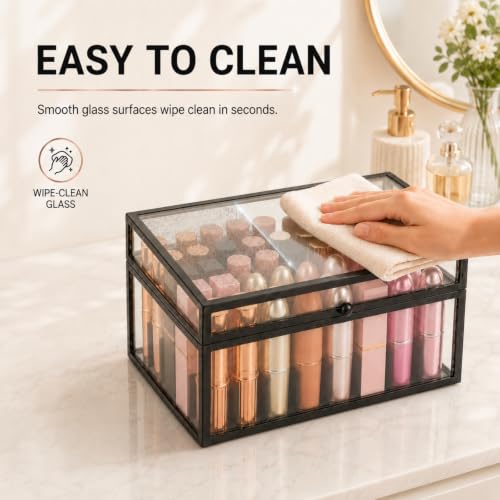 Black 40 Lipstick Organizer with Lid - Glass Display Box for Vanity & Makeup
