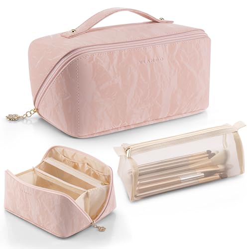 Vlando Makeup Bag,Large Capacity Toiletry Bag for Women Waterproof Portable Make up Pouch PU Leather Open Flat Cosmetic Bag(Sand Pink)
