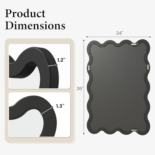 Matte Black Wavy Bathroom Wall Mirror 24x36 Solid Wood Frame - Vertical or Horizontal Mount
