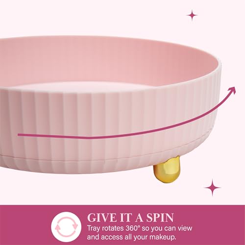 Paris Hilton 360¡Æ Rotating Makeup Organizer Tray, Large Capacity for Skincare & Beauty Essentials, Fluted Design with Gold Accents, 8.75-Inch, Pink