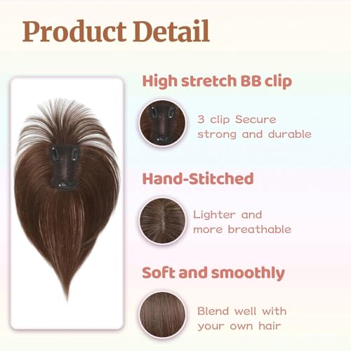 Human Hair Topper with Bangs - 10 Inch Real Hair Clip-In Fringe - Medium Brown & Blonde Mix with Dark Brown Roots