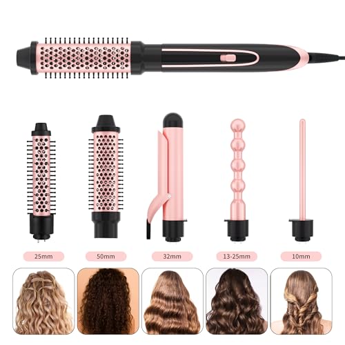 5-in-1 Curling Iron Set with Interchangeable Ceramic Barbells & Hot Air Brush