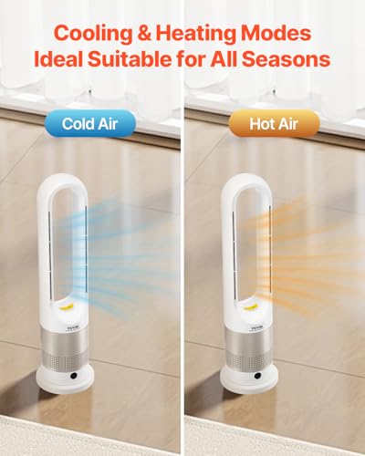 26in Bladeless Tower Fan with Heating & Cooling, 8-Speed Oscillating Floor Fan, Remote Control