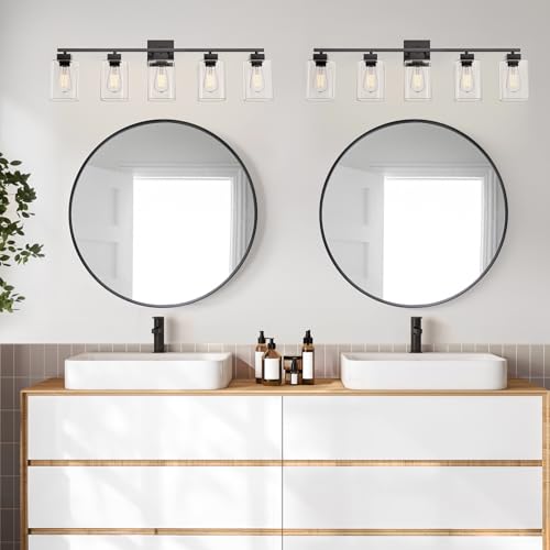 Espird Black 5-Light Bathroom Vanity Light with Square Glass Shades - 31 Inch Matte Black Fixture Over Mirror for Bathroom & Living Room - UL Certified
