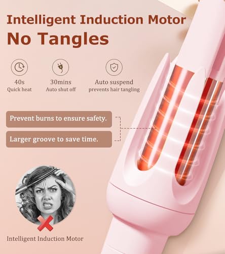 BILITOK Auto Hair Curler Pink - 4 Temp & 3 Timer, 360° Anti-Tangle